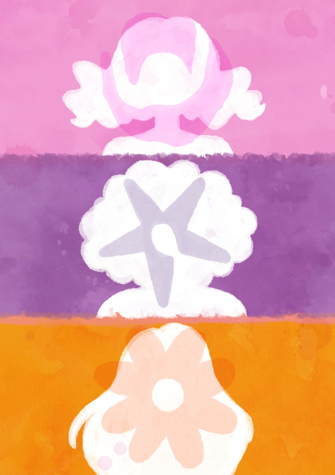 The three girls appear in silhouette with the symbols of the Pink Poppy, the Purple Nightshade, and the Orange Cosmos over them.