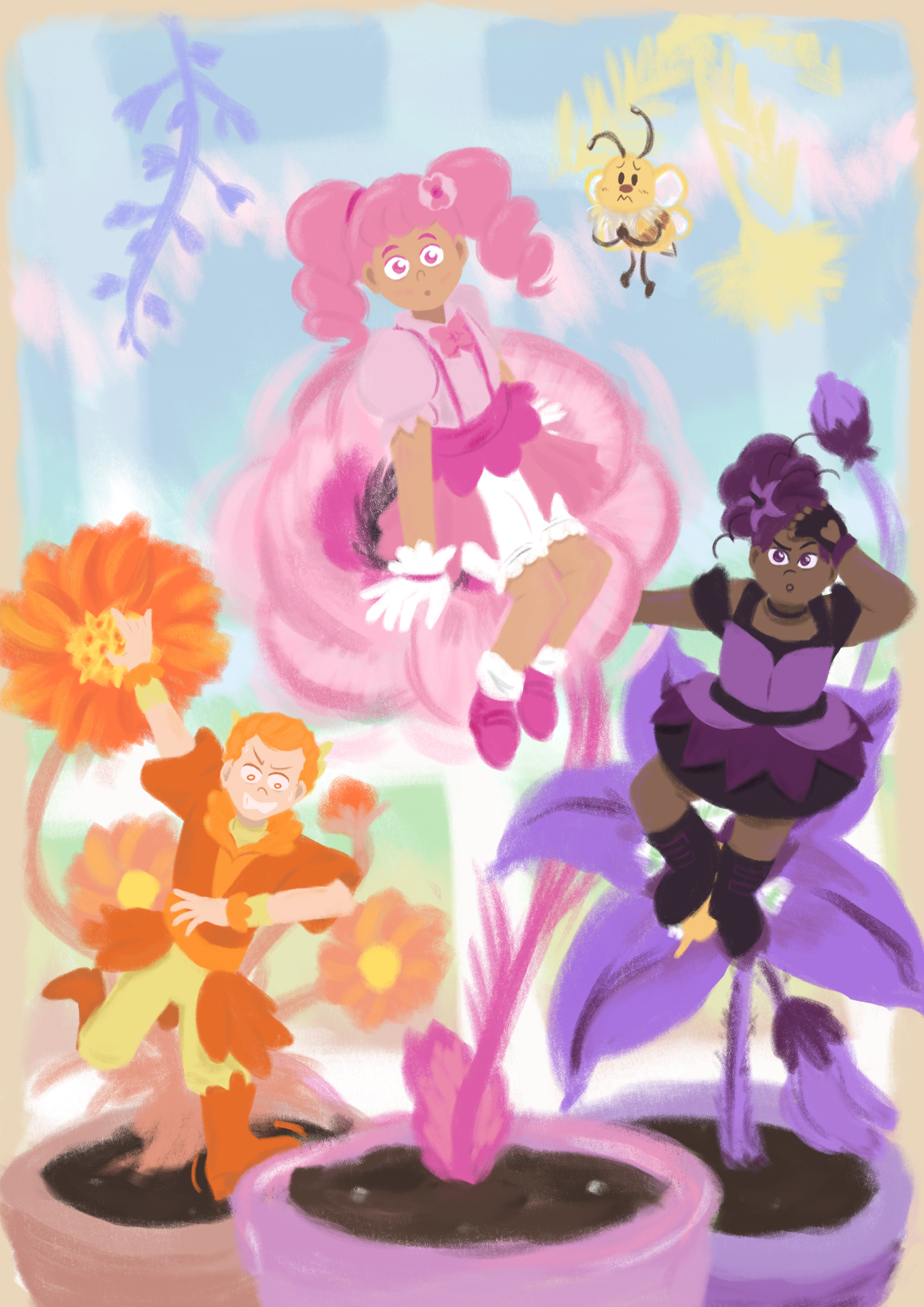 Guest art by comboconnie featuring the three Garden Guardians (Pink Poppy, Purple Nightshade, and Orange Cosmos) sitting in a garden of oversized flowers while Pollen flies nearby.